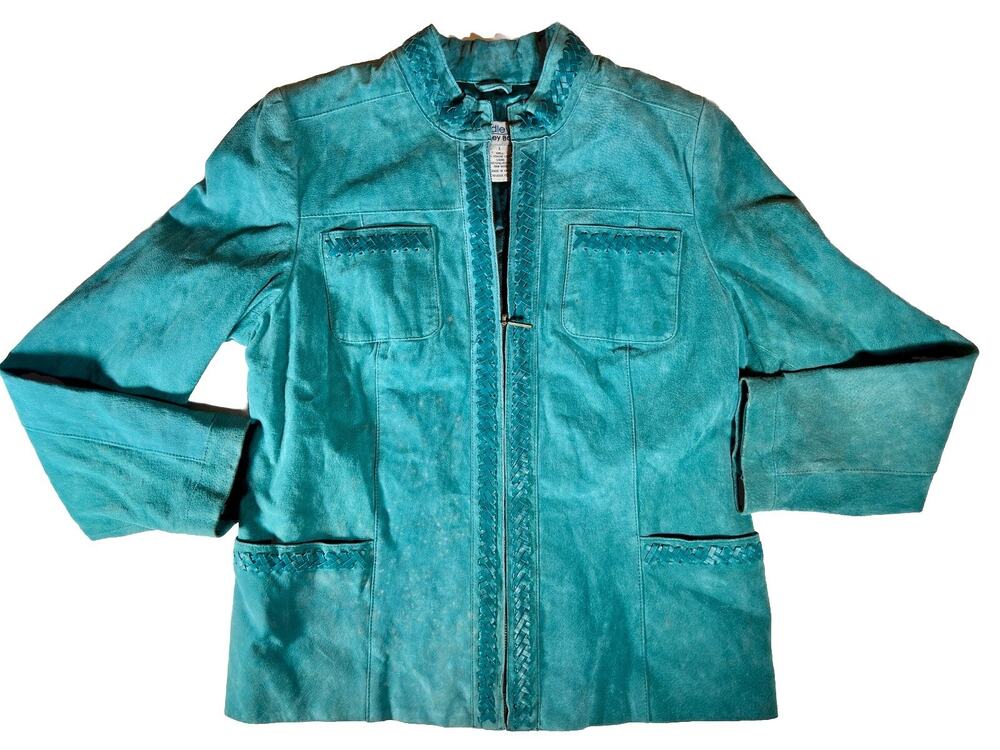 Retro Grade Bradley Bayou Suede Whipstitch Zip Vntg Jacket Turquoise Blue • Sz L
